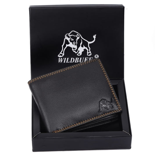WILDBUFF Mens Black Double Stitched Leather Wallet Timeless Everyday Wallet