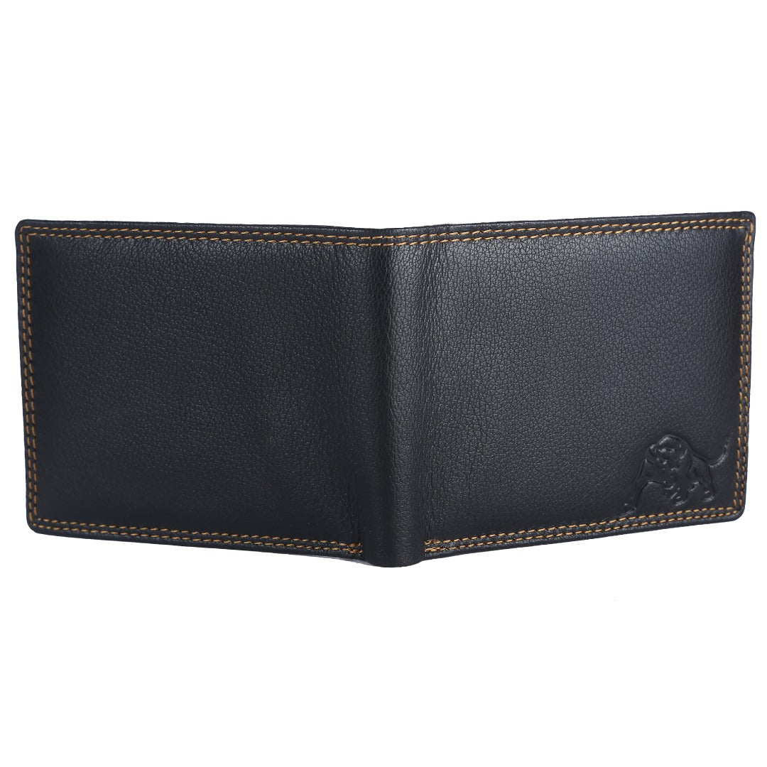 WILDBUFF Mens Black Double Stitched Leather Wallet Timeless Everyday Wallet