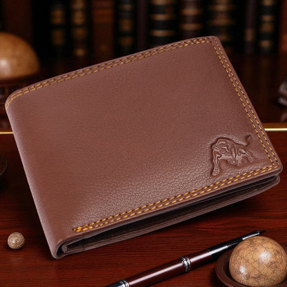 WILDBUFF Mens Brown Double Stitched Leather Wallet Timeless Everyday Wallet