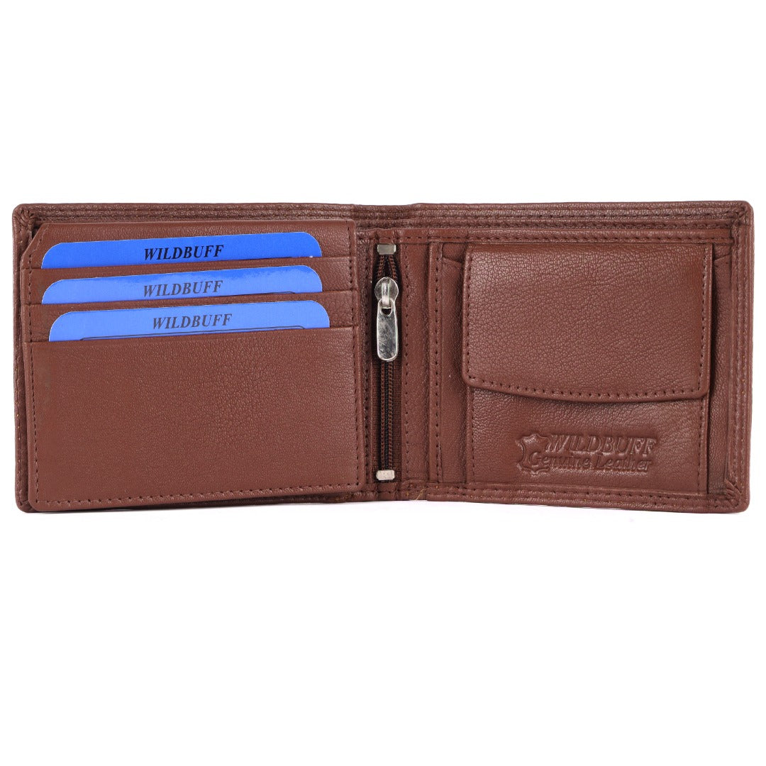 WILDBUFF Mens Brown Double Stitched Leather Wallet Timeless Everyday Wallet
