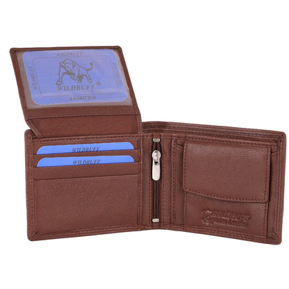 WILDBUFF Mens Brown Double Stitched Leather Wallet Timeless Everyday Wallet