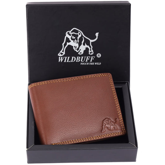 WILDBUFF Mens Brown Double Stitched Leather Wallet Timeless Everyday Wallet