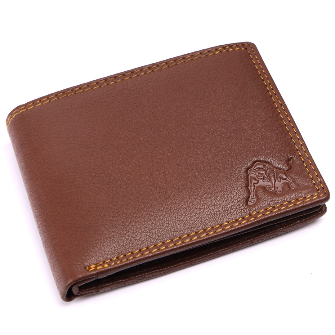WILDBUFF Mens Brown Double Stitched Leather Wallet Timeless Everyday Wallet