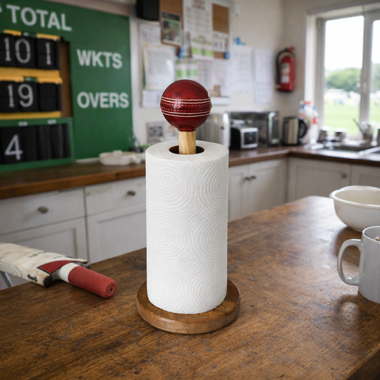 CRICKET-GIFTS Wooden Kitchen Roll Holder with Real Red Cricket Ball