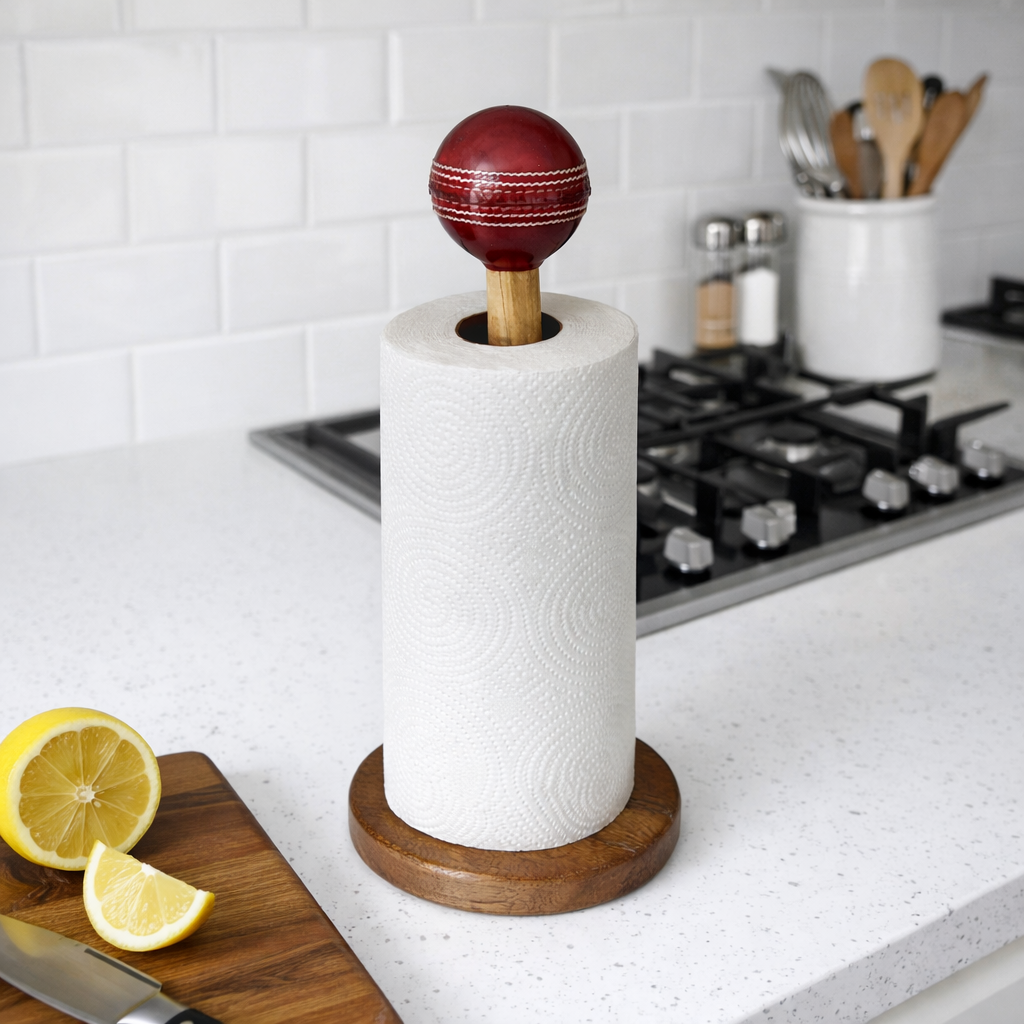CRICKET-GIFTS Wooden Kitchen Roll Holder with Real Red Cricket Ball