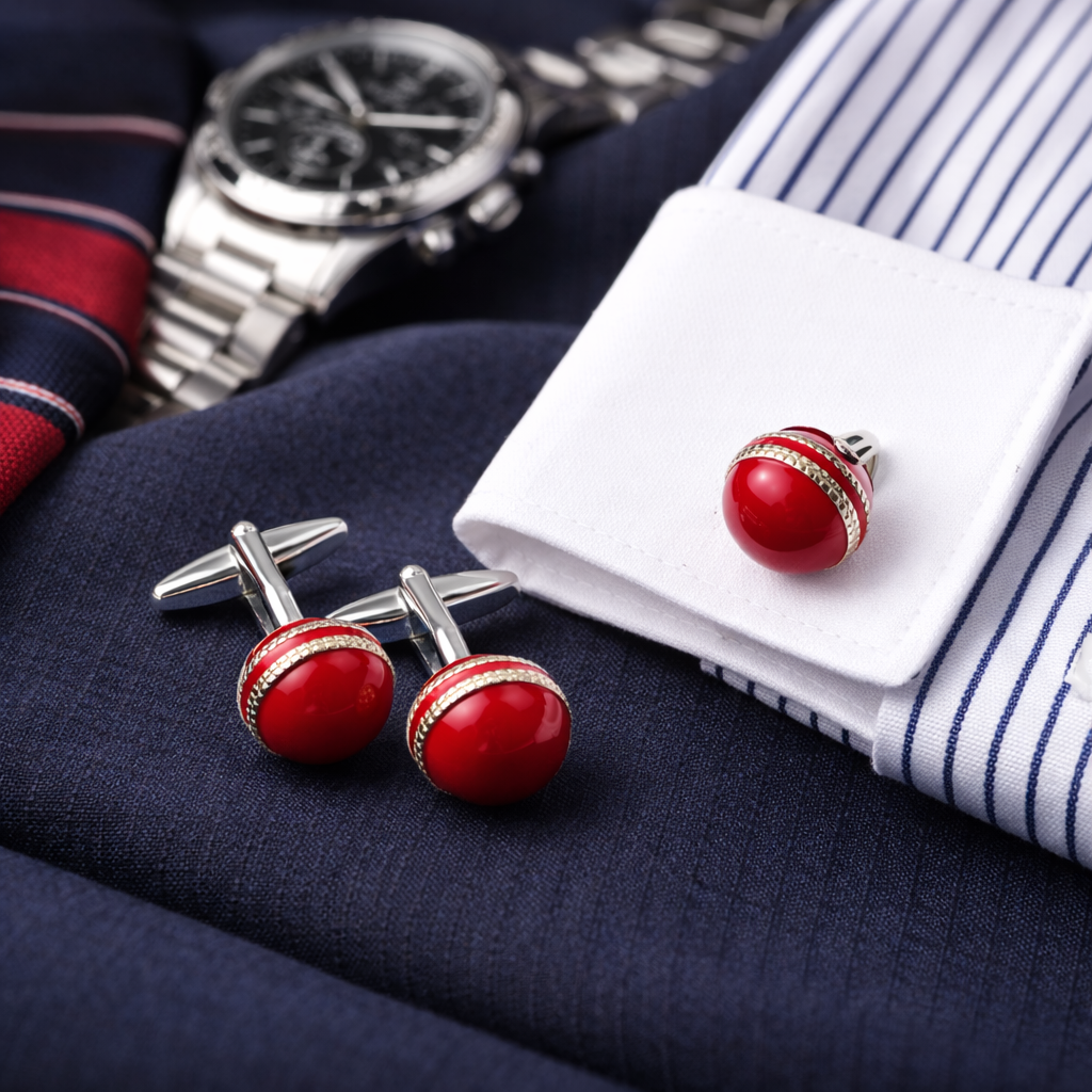 CRICKET-GIFTS Red Cricket Ball Cufflinks in gift box