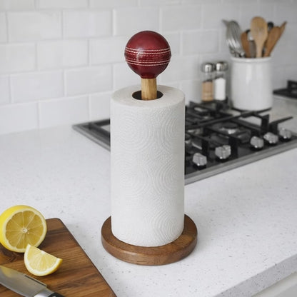 CRICKET-GIFTS Wooden Kitchen Roll Holder with Real Red Cricket Ball